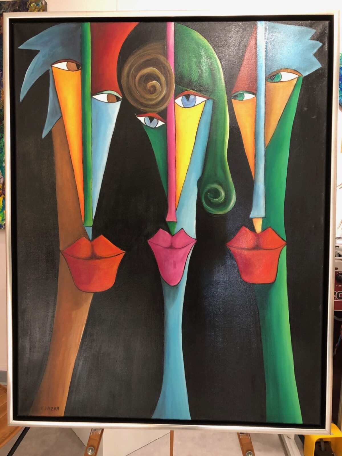 Peinture acrylique de Rosaly caisse américaine argentée et noir intérieur de chez oust moulure ref: ACAL 40 NAG l'encadreur les sables d'olonne entre nantes et la rochelle