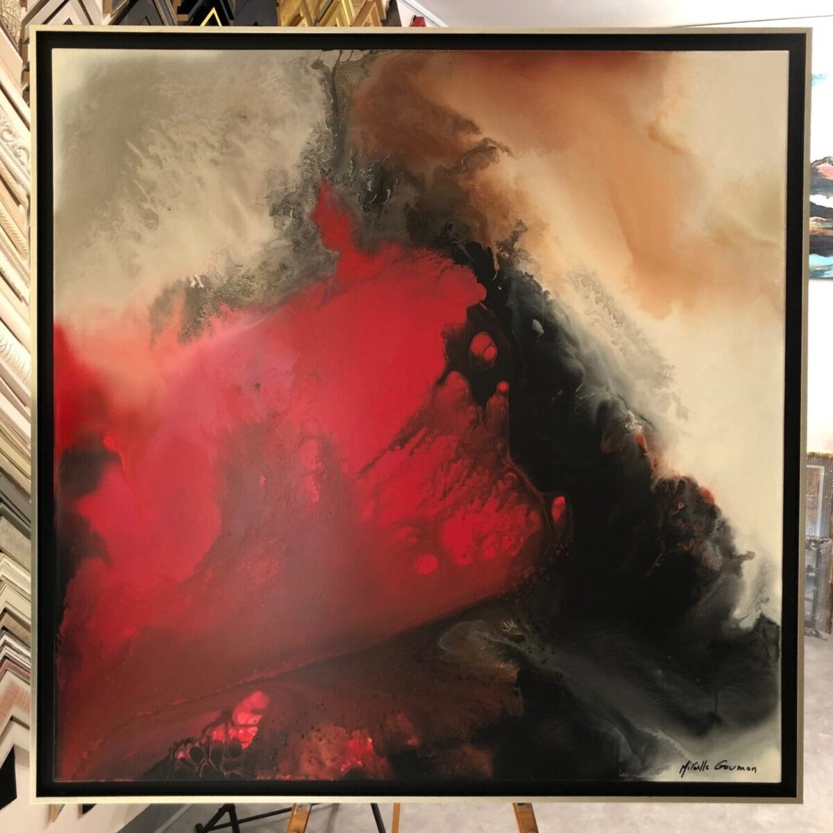 Peinture de Mirielle Goumon à la chaume (100x100) une caisse américaine de chez ouest moulure ref : A CAN ARG noire matte avec un liserait argenté vissé chez l'encadreur sur le remblai 1 bis promenade Lafarge aux sables d'olonne