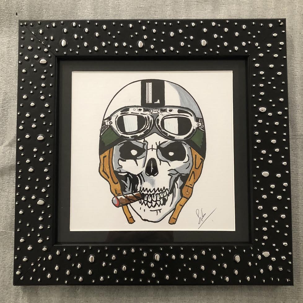 Dessin de SEB fait à l'encre et acrylique 
Il représente un fumeur de Havane mort et revenant
Encadré par L'ENCADREUR avec une baguette noir perlée d'argent de chez moulurex
Passe partout colour mount noir