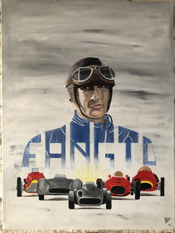 Tableau SEB
Toile tendue sur châssis 
Peinture acrylique LES 5 voitures gagnantes de Fangio
 Visible chez L'ENCADREUR sur le remblai des Sables d'Olonne (4h de Paris) 