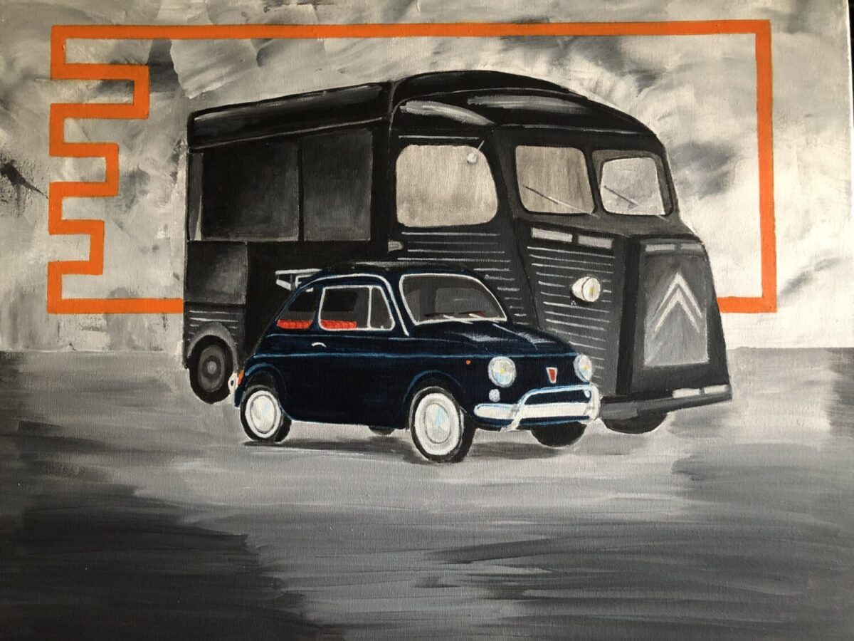 Tableau fait sur toile à l'acrylique par l'artiste SEB
représentant les véhicules mythiques utilisés chez Espaces Atypiques à ANGERS
