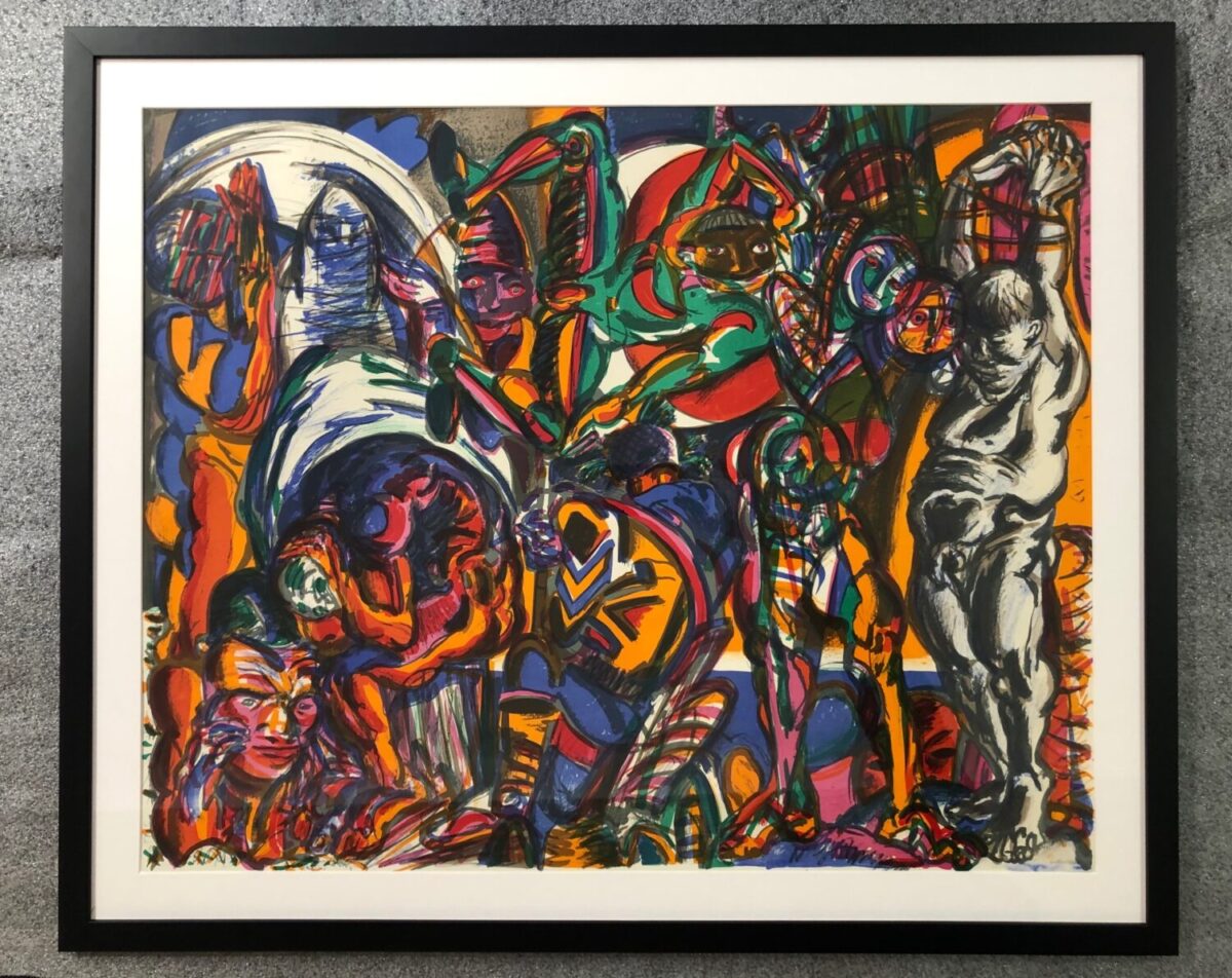 Peinture de l'artiste Ronald Paris fait en 1971 (72 x 58) un passe partout de colourmount ref: 3973 et d'une baguette plate et noire mate de chez ouest moulure ref: RAM 2315 AY verre de 2 mm carton de fond bio fait chez l'encadreur 1 bis promenade Lafargue 85100 les Sables d'olonne