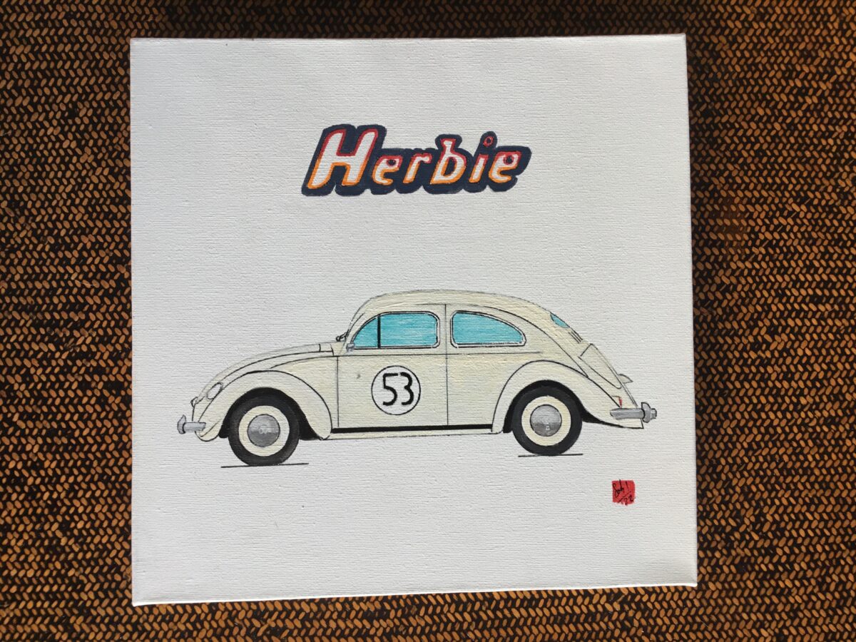HERBIE 
PEINTURE 29 X 29
ACRYLIQUE ARTISTE SABLAIS SEB SPÉCIALISÉ DANS LES BELLES MÉCANIQUES